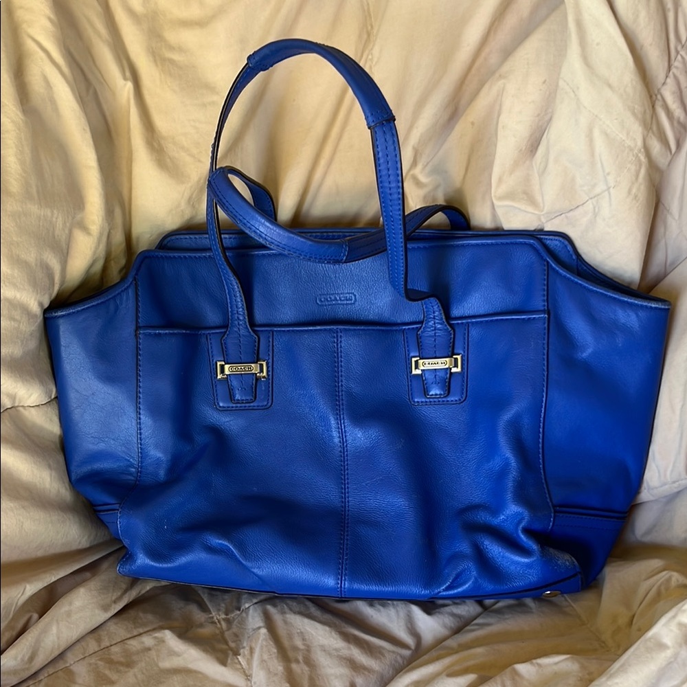 Coach Blue Tote Bag with Structured Design and Silver Accents